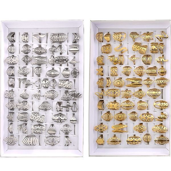 

20pcs mixed style carved flower vintage rings silver gold plated stainless steel fashion wedding party gifts finger jewelry accessories bulk, Slivery;golden