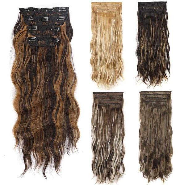 

female long curly hair set hairpiece clip four piece chemical fiber, Black;brown