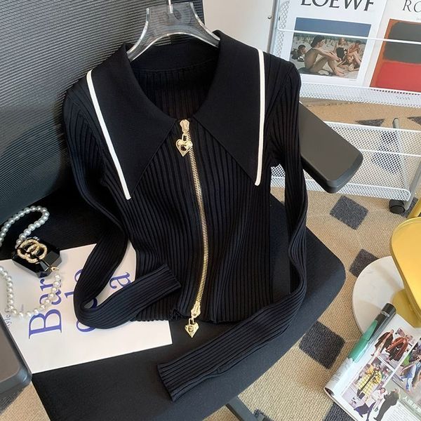 

women's knits tees gold zippe knitted cardigan women 2023 autumn winter runway designers casual turndown collar short sleeve mujer clo, White