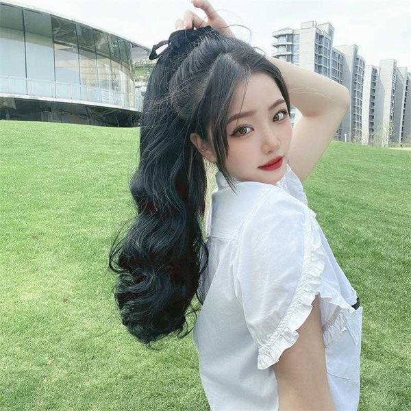 

wig ponytail long curly hair tied micro rolled breathable set, Black