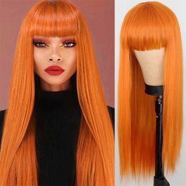 

womens wig full head long straight hair fashion mid length realistic bangs, Black