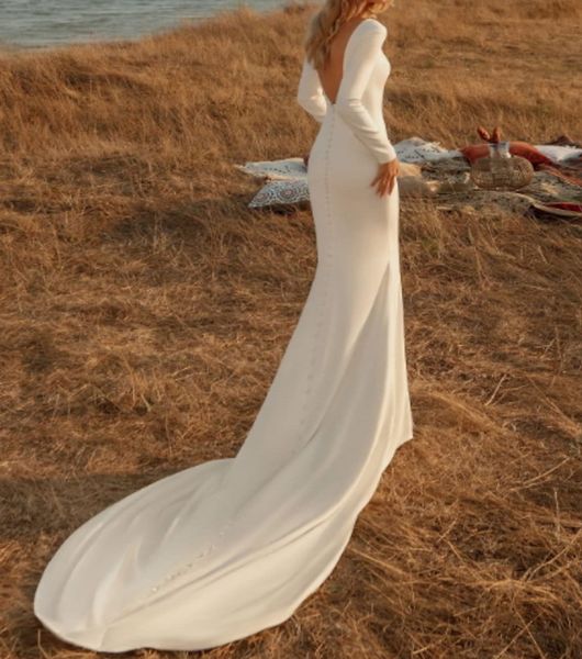 

spring new wedding dress 2023 long sleeves jewel soft satin backless bridal gowns robe de mariage women custom made, White