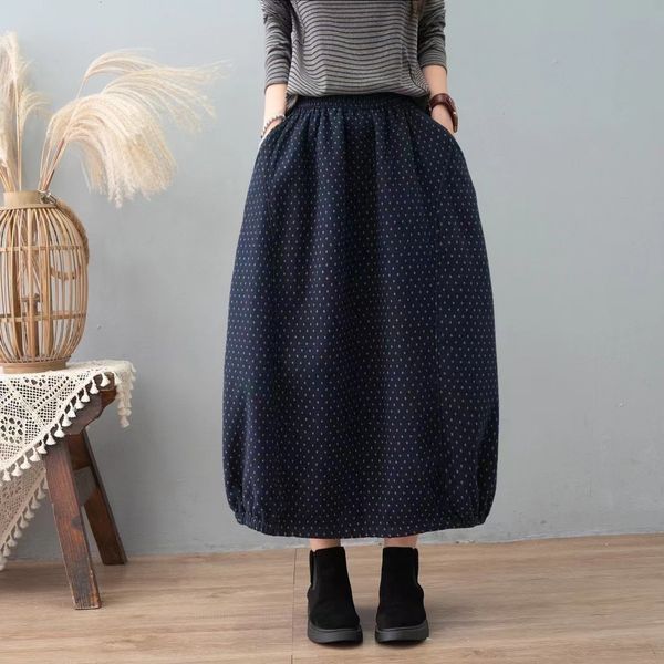 

skirts wonderland autumn winter print cotton women elastic waist thick warm long female loose vintage 230317, Black