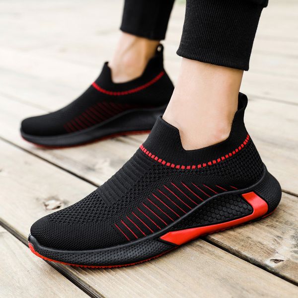 

men's running shoes spring and autumn socks opening design high elasticity breathable black white sports running shoes flying weave cas