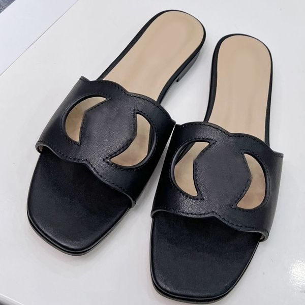 

women interlocking high-quality real leather slippers g cut-out slide sandal calf leather flat ladies fashion cutout wear shoes, Black