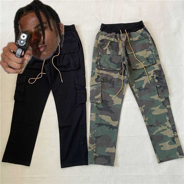 

camouflage multiple pockets men women cargo rhude pants leg buckle trousers, Black