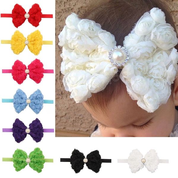 

baby girls chiffon rose flower headbands with pearl rhinestone infant elastic bows hairbands for newborn toddler kids, Slivery;white