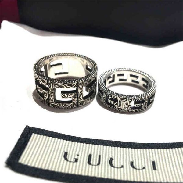 

2023 designer new version gujia family double male female couple pair ring square wide and narrow tang grass great wall pattern, Silver