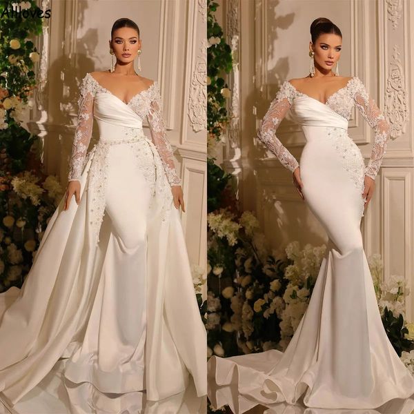 

modest satin mermaid wedding dresses with detachable train v neck long sleeves boho bridal gowns pearls lace appliqued slim fitted plus size, White