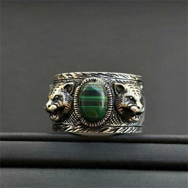 

2023 designer new jewelry silver antique green turquoise double tiger head twelve zodiac dominee personality ring