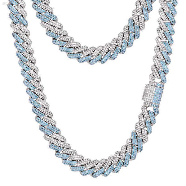 

new arrival fashion hip hop jewelry 14mm gold plated brass blue zircon diamond iced out miami cuban link chain necklace, Silver