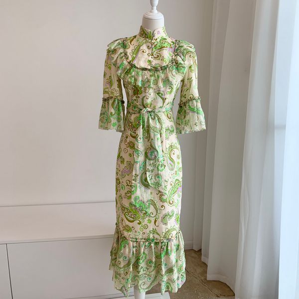 

australian designer dress stand collar floral printed long dress, Black;gray
