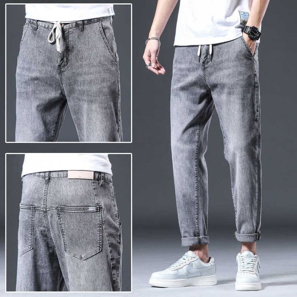 

version korean 2022 spring and summer light gray youth micro ha jeans men's elastic slim fit small foot straight pants casual, Blue