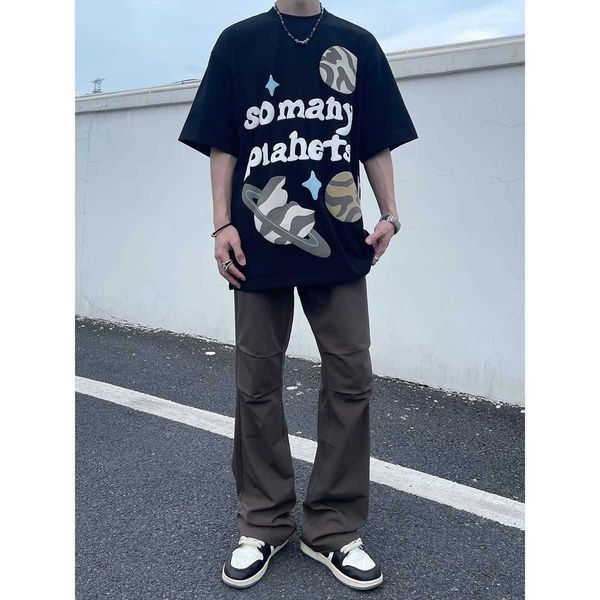 

online celebrity broken planet high street niche design pleated draping trousers for men and women china-chic brand loose micro horn slim ca, Black