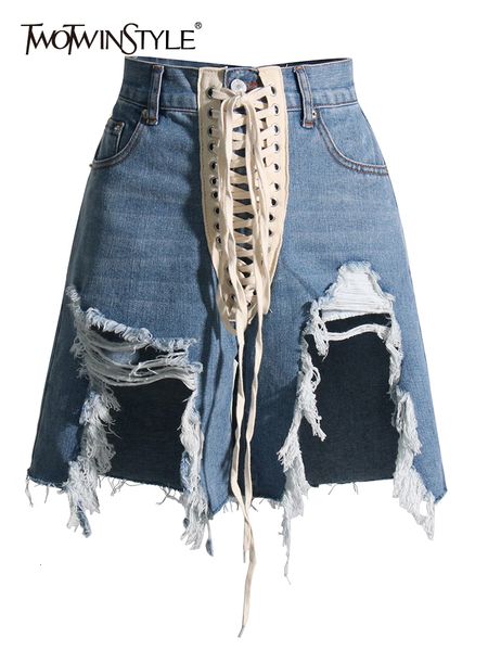 

women's shorts twotyle patchwork ribbons denim for women high waist hollow out casual streetwear short trousers female fashion 230317, White;black