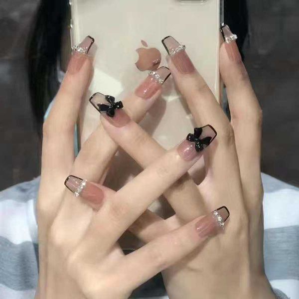 

false nails wearable patch long black french chain sweet girl bow silver removable 230318, Red;gold