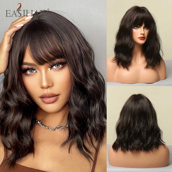 

synthetic wigs easihair dark brown wavy bob wigs for women synthetic with bangs natural hair wig medium length cute heat resistant 230227, Black