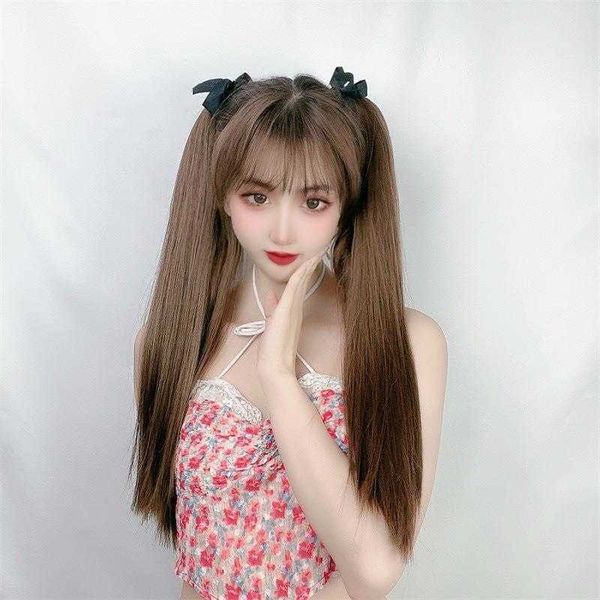 

double ponytail wig womens long hair invisible and breathable tied straight, Black