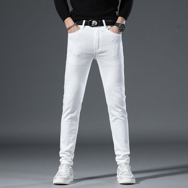 

men's jeans spring new personalized slim fit small feet white mid waist men's pants gzhshx22, Blue