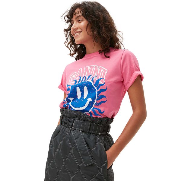 

2023ss ganni women designer t shirt fluorescent pink smiling printing round neck casual short-sleeved tees female, White