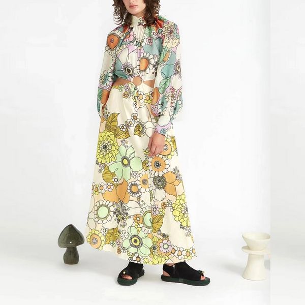 

australian designer dress stand collar backless floral printed dress, Black;gray
