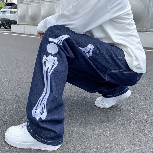 

mens jeans straight jean pants man skeleton embroidery mopping trousers streetwear denim clothing for men baggy 230317, Blue