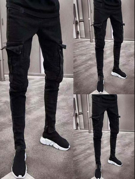 

2019 fashion black jean men denim skinny biker jeans destroyed frayed slim fit pocket cargo pencil pants plus size s3xl3264288, Blue