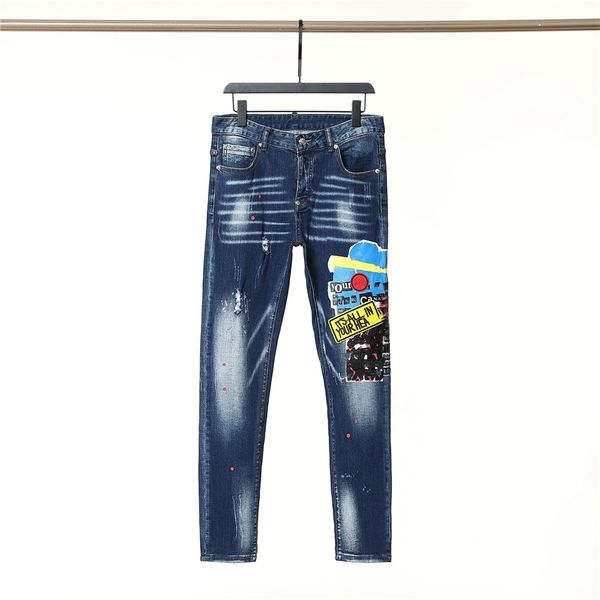 

2023 men's jeans designers jean hombre trousers men embroidery patchwork ripped for trend brand motorcycle pant mens skinny, Blue