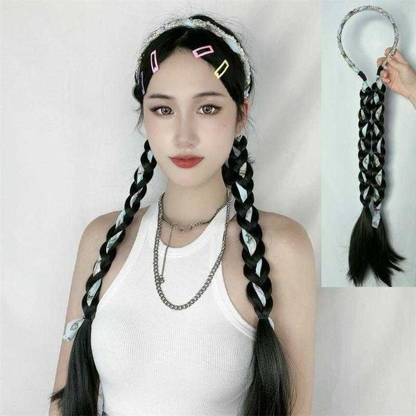 

false braids womens wigs black ponytail net red banderole headband twist braid