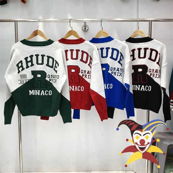 

patchwork rhude jacquard knitted cardigan men women 1 1 v-neck button sweater rhude sweatshirts with tags, White;black