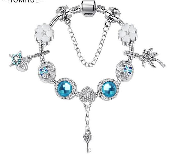 

fashion pandora style charm bracelet women 925 sterling silver murano lampwork fish bangle starfish tree palm pendants bracelets j7767031, Golden;silver