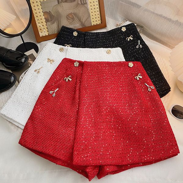

women s shorts ashgaily red high waist tweed zipper wigh leg casual female loose fit chic 230317, White;black