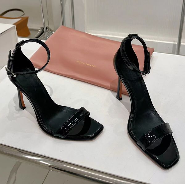 

muaddi sandals women amina high heels lacquer leather ankle strap buckle dress shoes sunflower high heels 9.5cm designer party stiletto heel, Black