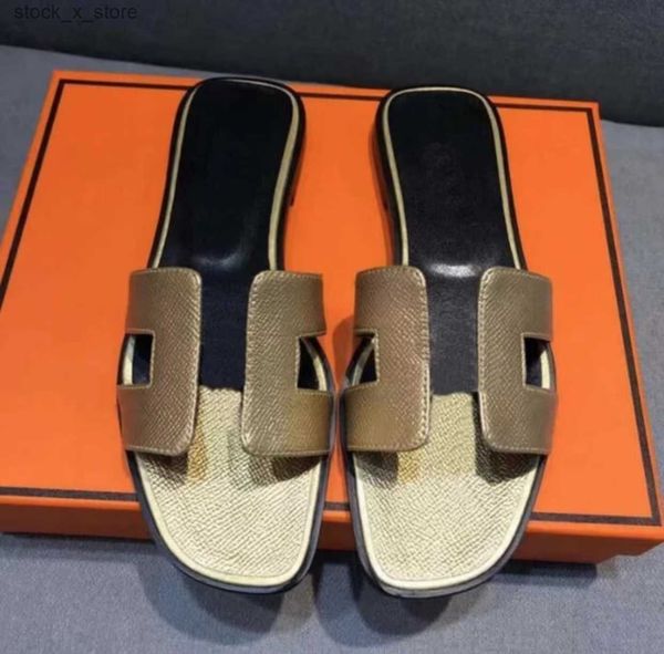 

designer women h flat slippers saffiano genuine leather oran sandals lady classic beach slides summer shoes, Black