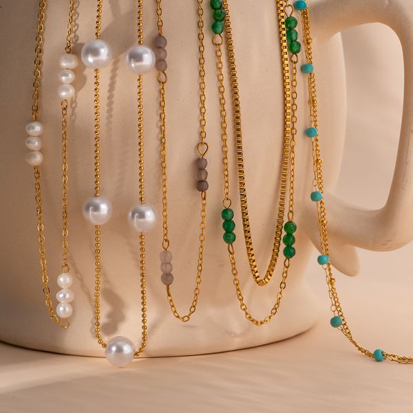 

women 18k gold pieces chains necklace stainless freshwater pearls bead necklaces gift party jewelry, Silver