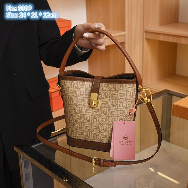 

Factory wholesale ladies shoulder bags 3 colors belt decoration retro bucket bag street popular printed backpack gold buckle women fashion handbag, Brown-letter-930#