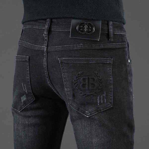

kong hong fashion brand premium jeans men's slim fit feet 2023 spring european stretch casual pants, Blue