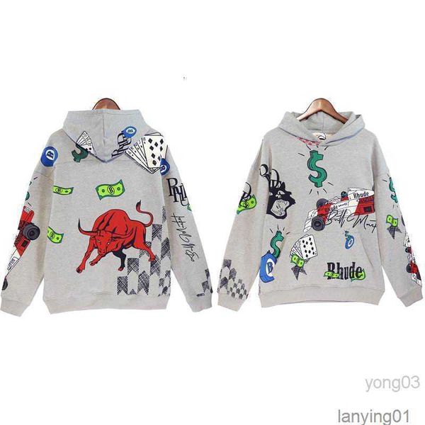

designer rhude graffiti hoodies mens hoodie hooded sweatshirt felpa uomo niche fashion brand sudadera autumn winter long sleeve round, Black