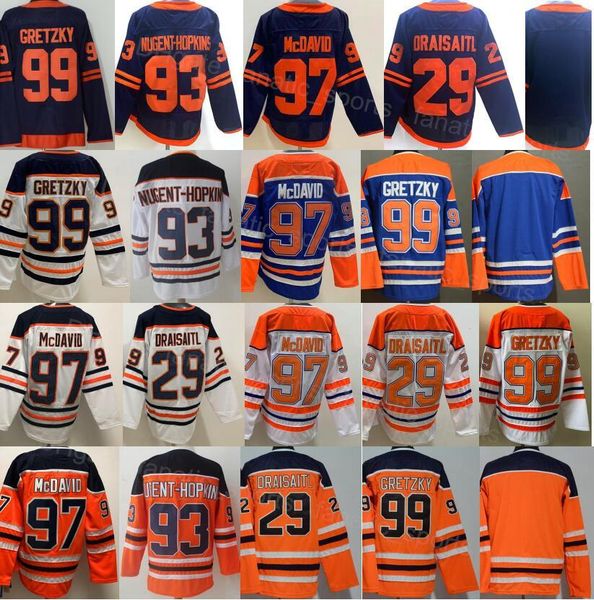 

men ice hockey 93 ryan nugent-hopkins jerseys 99 wayne gretzky 97 connor mcdavid 29 leon draisaitl vintage reverse retro navy blue white ora, Black;red
