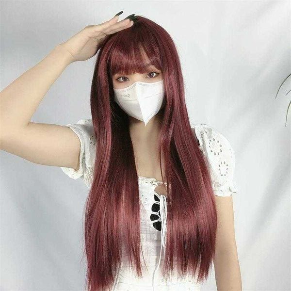 

japanese and korean color wig female wine red long straight hair bangs dyed, Black