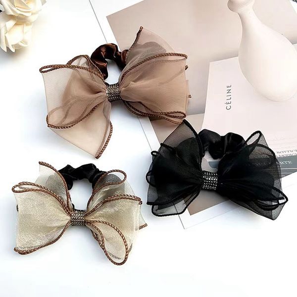 

french high-end ribbon bow mesh large intestine hair ring new temperament head rope tied ponytail hair accessories 1971, Slivery;white