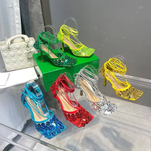 

new women high heeled sandals mesh rope braided glitter sandals stretch summer fashion square head leather soft leather designer psittacine, Black