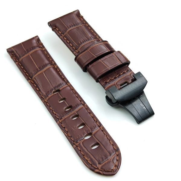 

24mm brown red crocodile grain calf leather band 22mm folding deployment clasp strap fit for pam pam111 watch, Black;brown
