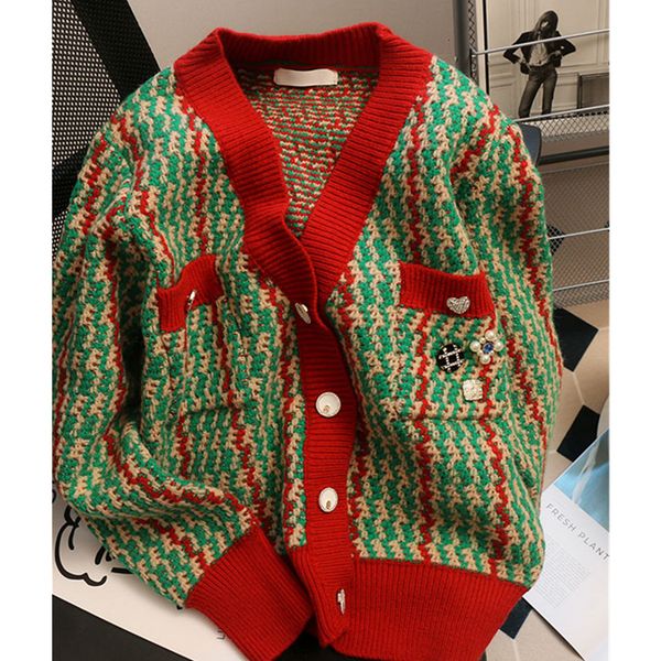 

women's knits tees leisure v neck green red splicing clothing sweater vintage outerwear singlebreasted winter cardigan knitting 230317, White