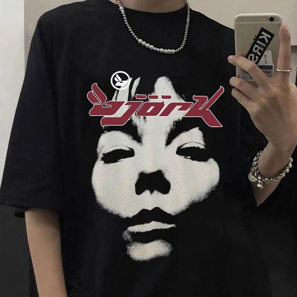 

mens tshirts 90s vintage bjork look graphics print t shirt summer short sleeve tshirts mens womens oversized tshirt cotton streetwear 230317, White;black