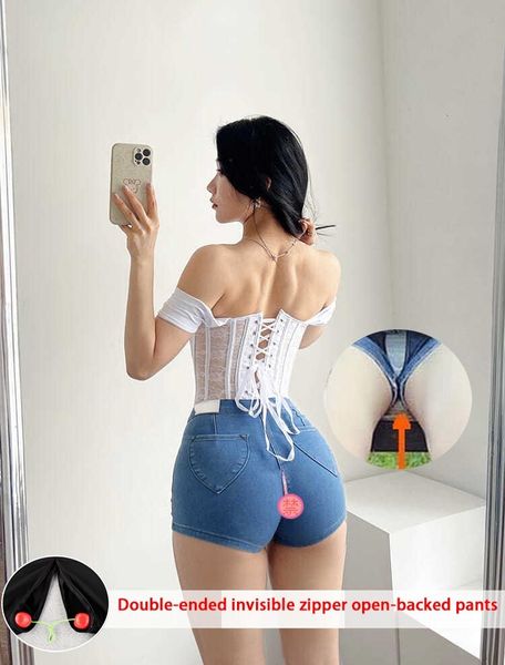 

women s shorts high waist jeans tight open crotch pants elastic double headed invisible zipper leggings hip 230317, White;black