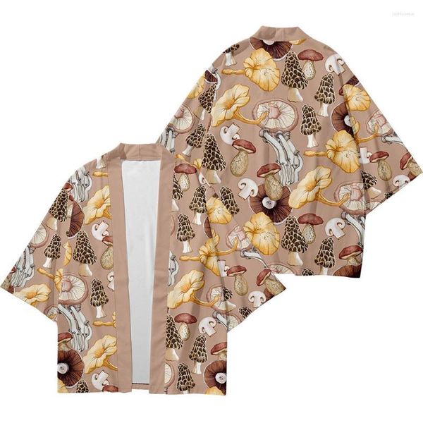 

mushroom print beach shirts fashion japanese kimono plus size 5xl 6xl robe cardigan men shirts yukata haori women's clothing, White;black