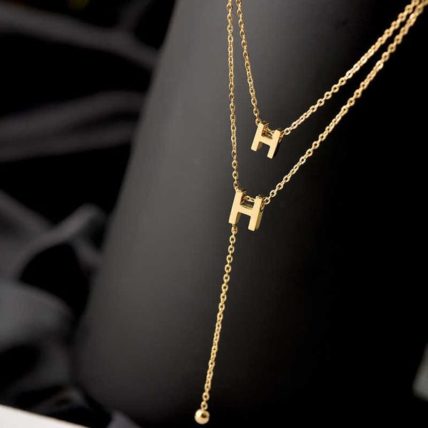 

pendant necklaces strands strings steel summer letter h necklace light luxury niche double-layer collarbone chain female tassel versatile ne, Silver