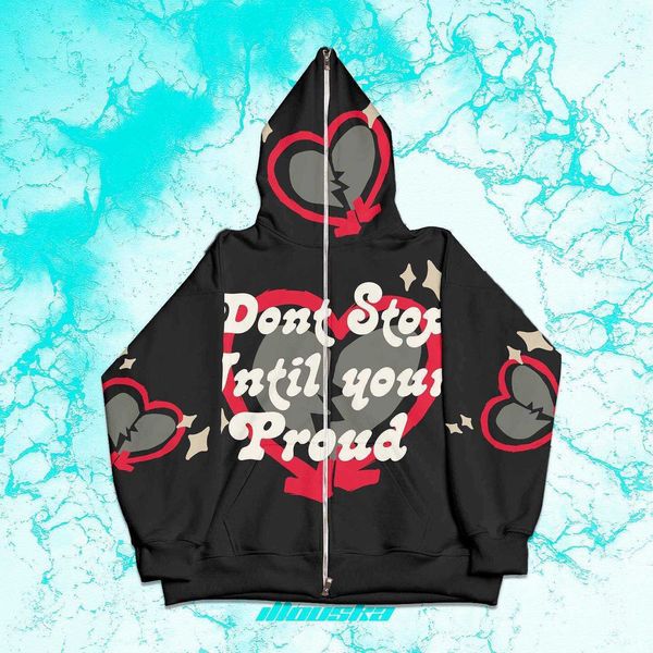 

broken planet ins gothic autumn winter letter heart print zip hoodie, Black