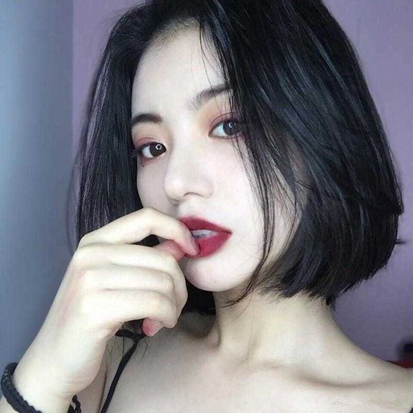 

wig womens short straight hair bob haircut temperament fluffy face shaving, Black
